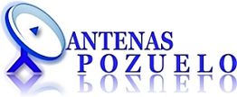 Logotipo de Antenas Pozuelo con una antena parabólica y texto reflejado.