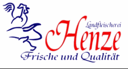 Logo mit Hahn, Text: Landfleischerei Henze, Frische und Qualität.