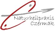 Logo mit rotem Fisch und grauem Haken, Text: "Naturheilpraxis Czermak".