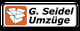 Offener Umzugskarton und Text "G. Seidel Umzüge" auf orangefarbenem Hintergrund.