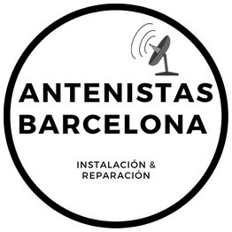Logotipo de Antenistas Barcelona con antena parabólica y texto de instalación y reparación.