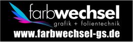 Logo mit Text: "farbwechsel grafik + folientechnik, www.farbwechsel-gs.de". Bunter Flügeleffekt.