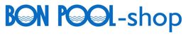 Logo mit Text "BON POOL-shop" in Blau, Buchstaben mit Wellenmuster.