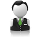 Icona stilizzata di un avatar con cravatta verde e gilet nero.