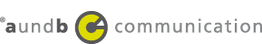 Logo von "aundb communication" mit grauem Text und gelbem Kreis im Buchstaben 'b'.