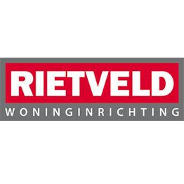 "Logo van Rietveld Woninginrichting met rode achtergrond en witte letters."