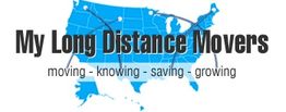 Map logo for "My Long Distance Movers" with motto: moving, knowing, saving, growing.