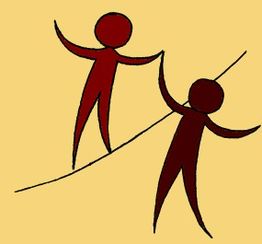 Zwei Strichmännchen balancieren auf einem Seil und halten sich an den Händen.