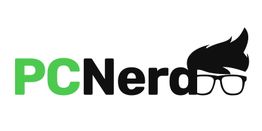 Logo mit dem Text "PCNerd", eine Brille und Haare in Schwarz-Weiß und Grün gestaltet.