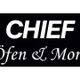 Logo mit Text "CHIEF Öfen & More", flankiert von Flammen auf schwarzem Hintergrund.