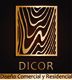 Logo de DICOR con diseño de patrón de madera y texto "Diseño Comercial y Residencial".