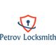 Logo of Petrov Locksmith with a red shield, keyhole, and blue orbit line above the text.