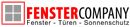 Logo: "Fenster Company" mit Symbol für Fenster, betont Fenster, Türen, Sonnenschutz.