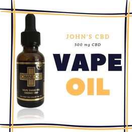 Vape Omni Oil bottle with 500mg CBD, labeled "John's CBD" and "Vape Oil."