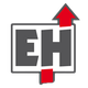 Logo mit stilisiertem Quadrat, Buchstaben "EH" in Grau, rotem Pfeil zeigt nach oben.