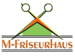 Logo mit Schere, Grün und Orange. Text: "M-Friseurhaus".