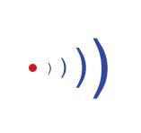 Roter Punkt mit blauen, sich vergrößernden Halbkreisen auf weißem Hintergrund.