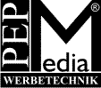 Logo mit Schriftzug "PEP Media Werbetechnik" in Schwarz und Weiß.