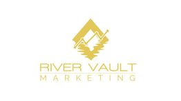 Logo van River Vault Marketing, goudkleurig met grafiek en rivierbeeld.