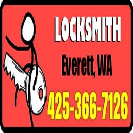 Stick figure riding a key with text: "Locksmith Everett, WA, 425-366-7126" on red background.