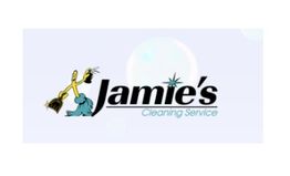 Logo for "Jamie's Cleaning Service" with cartoon character holding broom and mop.
