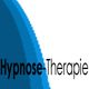 Blauer Bogen links, Text: "Hypnose-Therapie" in Schwarz und Blau auf weißem Hintergrund.
