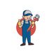 Cartoon plumber in blue overalls holding a wrench, giving a thumbs-up with a red circle background.