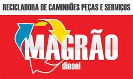 Logotipo da Magrão Diesel com setas de reciclagem coloridas e texto sobre serviços para caminhões.