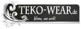 Schwarz-weißes Logo: "TEKO-WEAR.de" mit Slogan "Wissen, was wirkt" und dekorativen Elementen.