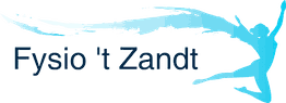 Logo van Fysio 't Zandt met silhouet van een springende figuur en blauwe penseelstreek.
