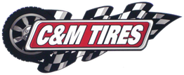 Logo with "C&M Tires" over a tire and black-and-white checkered flag design.