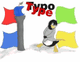Pinguin mit rotem Umhang steht vor bunten Fahnen, daneben blaue Säule mit Apfel oben. Text: "Typo Type".