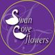 Logo with two white swans and "Swan Cove Flowers" text on a purple circle background.