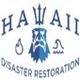 Hawaii Disaster Restoration logo with wave, fire, and face symbols in blue.
