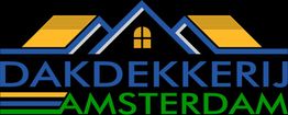Logo met huisdak-ontwerp en de tekst "DAKDEKKERIJ AMSTERDAM" in blauw en groen.