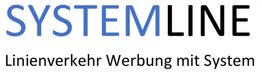 SYSTEMLINE-Logo: Linienverkehr Werbung mit System in blauer und schwarzer Schrift.