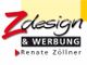 Logo mit "Zdesign & Werbung Renate Zöllner" vor gelbem Hintergrund.