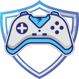 Videospiel-Controller-Logo mit blauem Schild im Hintergrund.