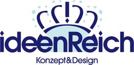 Logo mit stilisierter Krone und Text: "ideenReich Konzept & Design" in Blau.