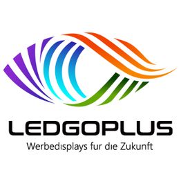 Logo mit buntem Auge und Text "LEDGOPLUS - Werbedisplays für die Zukunft".