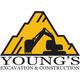 Yellow excavator logo for Young's Excavation & Construction with a mountain silhouette.