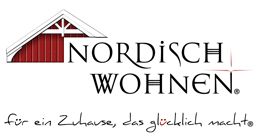 Rotes Hausdach mit Logo "Nordisch Wohnen": "für ein Zuhause, das glücklich macht".