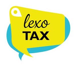 Sprechblase mit "lexo TAX" in Gelb und Blau.