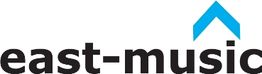 Logo mit Schriftzug "east-music" und blauem Pfeil nach oben rechts.