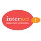 Rotes Logo mit "interact" und "Sprachen verbinden.", orange Sprechblase mit Ausrufezeichen.