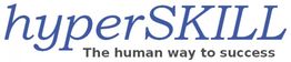 Logo mit Text "hyperSKILL – The human way to success" in blauer und grauer Schrift.