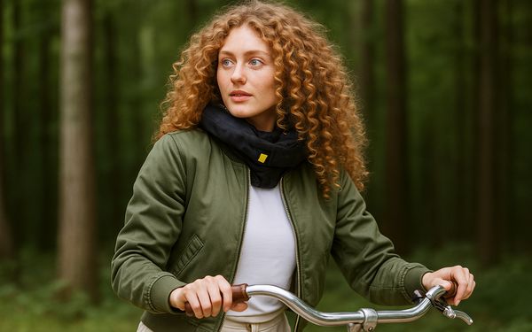 Eine Frau steht mit ihrem Fahrrad im Wald. Um den Hals trägt sie einen Airbag-Helme.