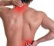 Man with back pain, highlighted in red, holding neck and lower back.