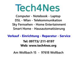 Tech4Nes Logo mit Dienstleistungen: Verkauf, Reparatur, Service. Kontakt: 09773 2118197, tech4nes.org.