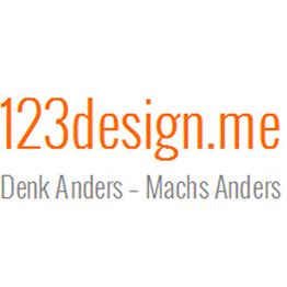 Roter Schriftzug "123design.me" mit Slogan "Denk Anders - Machs Anders" in Grau darunter.